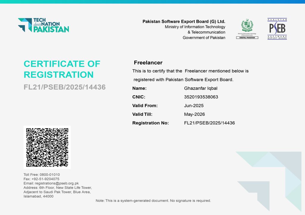 Ghazanfar Iqbal Freelancer Pakistan software export board